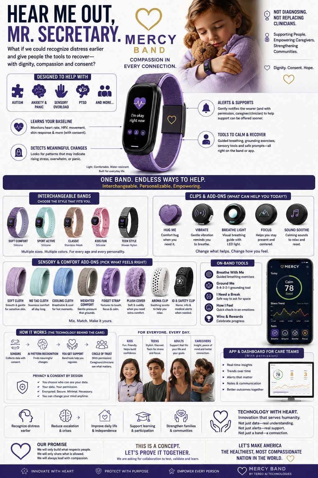 Tess’s Mercy Band concept: a purple wearable, interchangeable comfort accessories, and caregiver connections